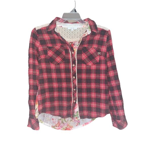Miss Me Tops - Women’s Miss Me Sheer Floral Back Plaid Flannel With Lace Accents Sz Small